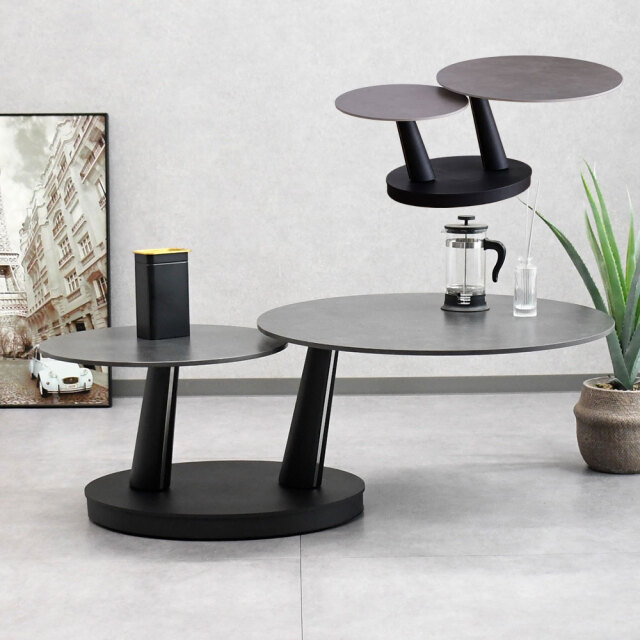 伸長式80~126cm幅セラミックネストテーブル 回転式 ローテーブル