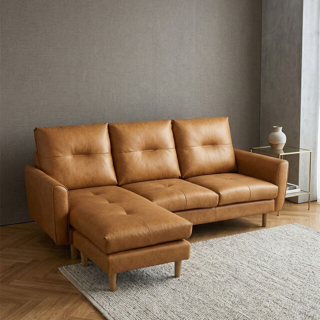 レザーファブリック カウチソファ L時ソファ 3人掛け