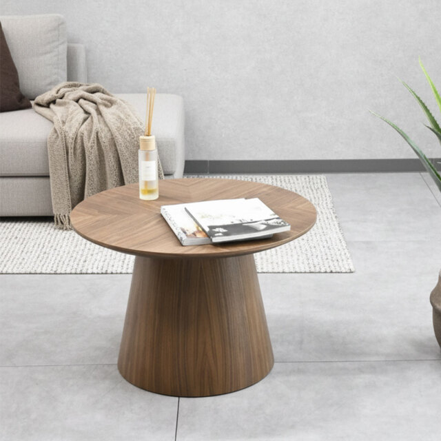 【北欧デザイン】ヘリンボーン柄ウォールナット突板ローテーブル60cm 円形 丸形 OA20C