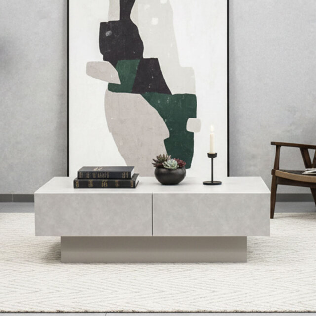 国産完成品モルタルデザイン105cm幅ローテーブル OB9C[アウトレット:引き出しの締りが若干悪い]