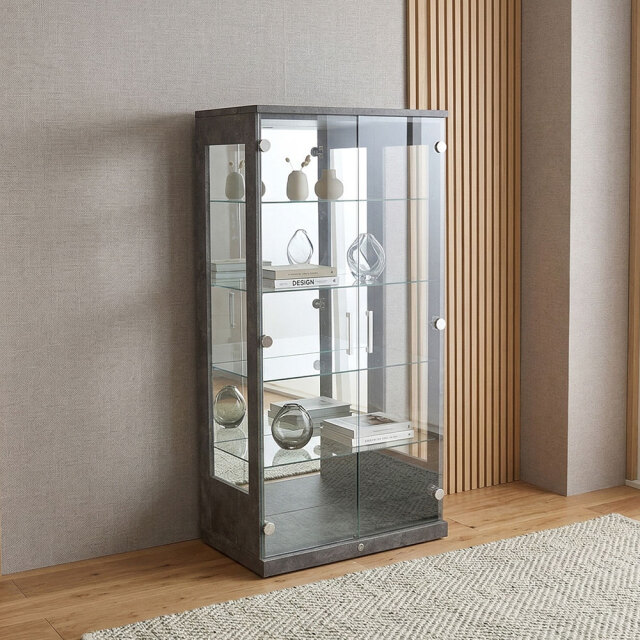 モルタルデザインガラスキャビネット 4段 80×40×160cm OC24D [アウトレット:扉干渉あり。取手の間の緩衝用のゴムがなし]