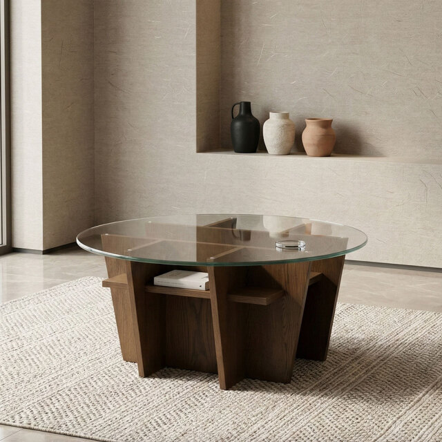 オーク突板85cm幅円形ローテーブル 強化ガラス飛散防止フィルム OC4D [アウトレット:撮影品]