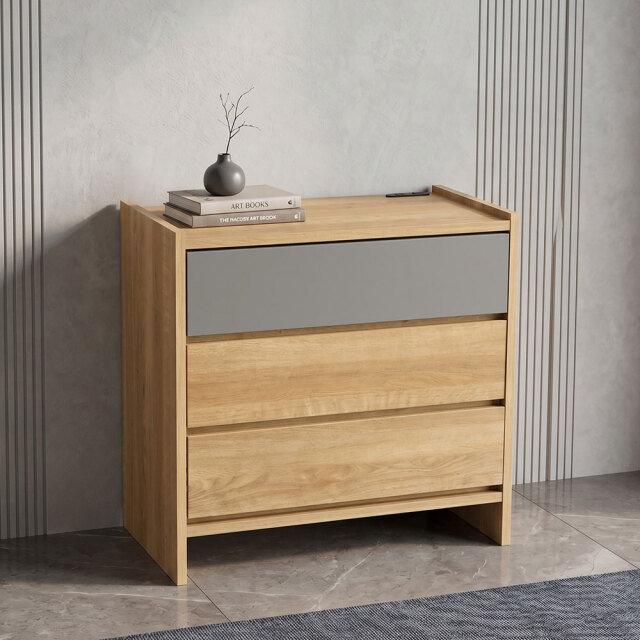 国産 3段チェスト コンセント付き 木目シート ナチュラル×グレー 幅75cm OD16M [アウトレット:サンプル品]