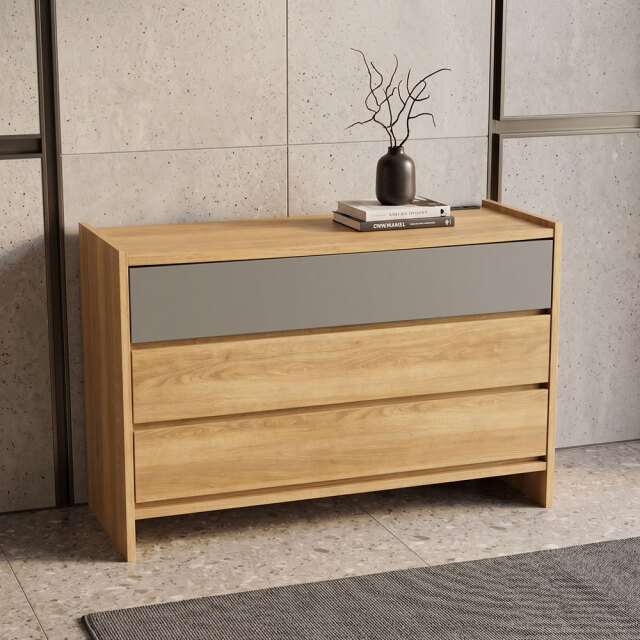 国産 3段チェスト コンセント付き オーク調 幅110cm OD16N [アウトレット:サンプル品]