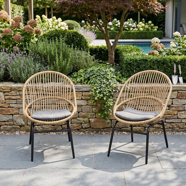 ラタン調ガーデンチェア クッション付き スチール脚 2脚セット OD24H [アウトレット:撮影品]