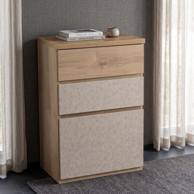 国産 完成品 木目×石目調 3段チェスト 幅60cm ナチュラル OD27A [アウトレット:撮影品]
