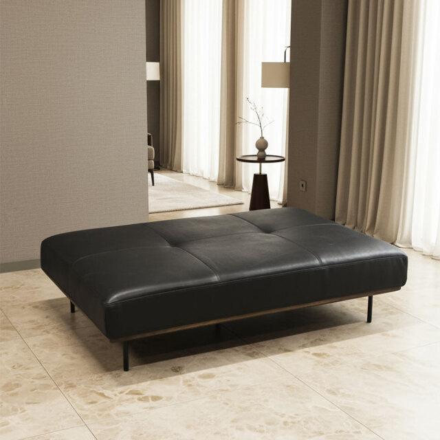 【新品アウトレットミニマルラグジュアリー】ブラックレザー デイベッド ロースタイル ソファベッド 高級モダン