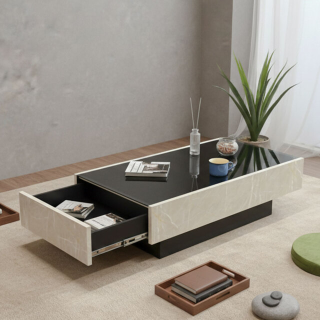 新品アウトレット】国産完成品105cm幅強化ガラス収納付きローテーブル