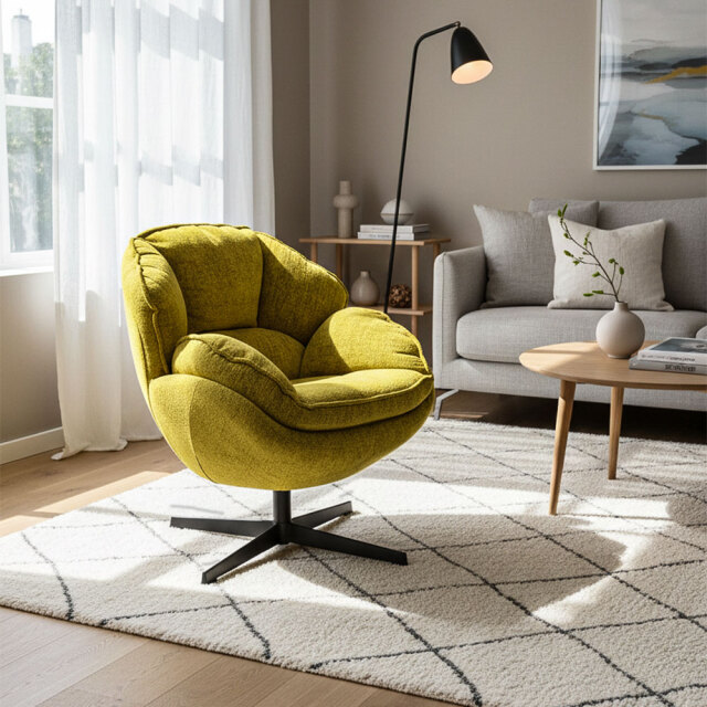 【北欧モダン】イエロー アクセントチェア 回転式 パーソナルチェア ふかふか クッション 椅子