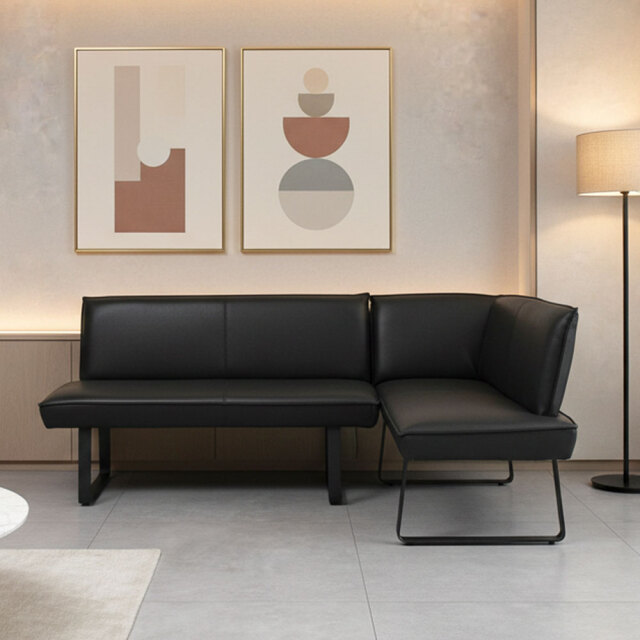 新品アウトレット】ブラックレザー レザーファブリック カウチソファ L