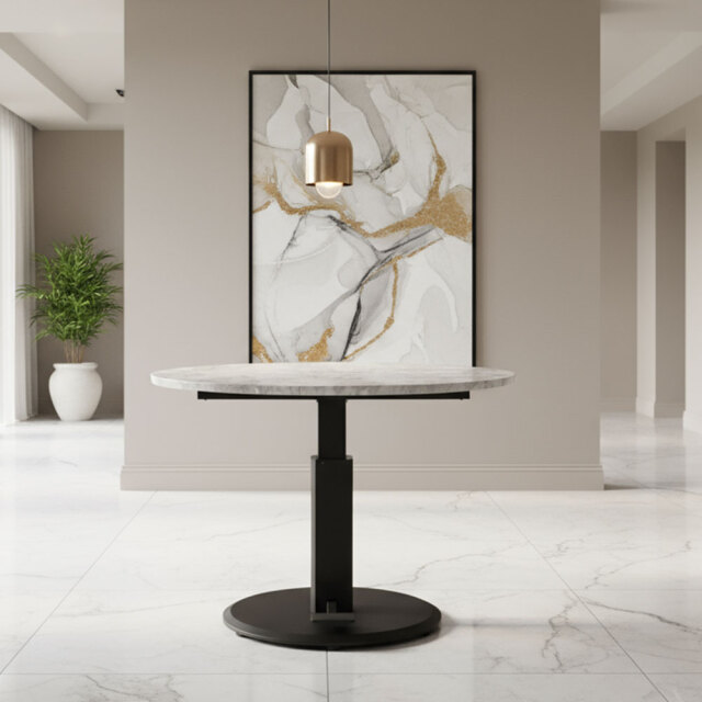 【新品アウトレット】 100cm幅モルタル柄昇降式丸形テーブル 円形 OK6K