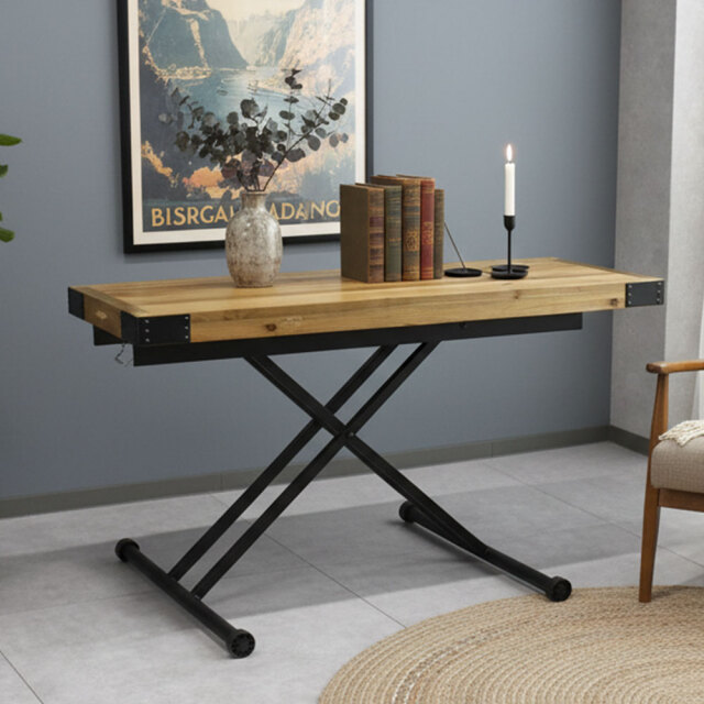 【新品アウトレット】140cm幅×50cmの奥行き 昇降式古木パイン材テーブル デスク OL25F