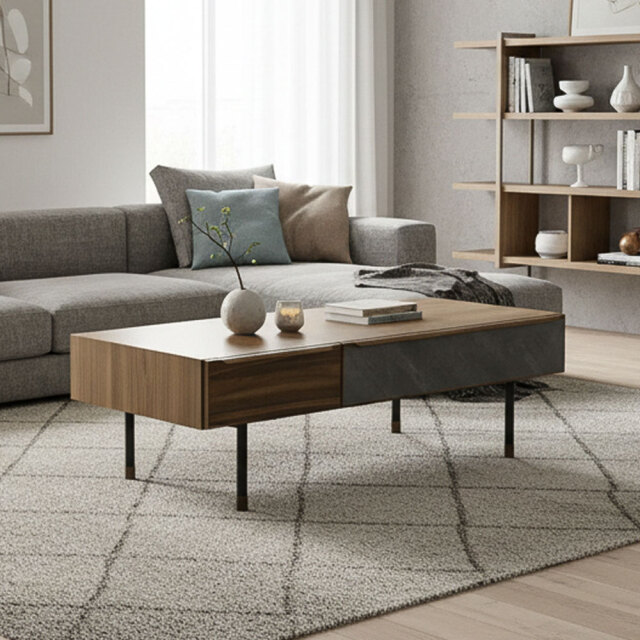 【新品アウトレット】ウォールナット×メラミンの異素材MIX！ 120cm幅収納付きローテーブル センターテーブル OL2G