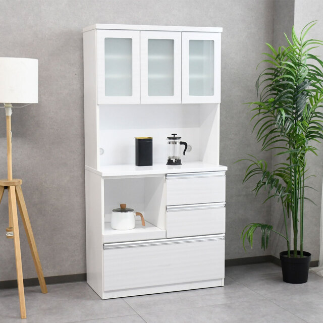 【新品アウトレット】 完成品90cm幅食器棚 キッチン収納 キッチンボード ホワイト OL4A