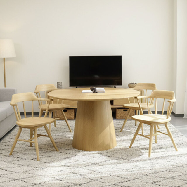 【新品アウトレット】5点セット！オーク突板120cmダイニングテーブルセット アッシュ無垢材回転式ダイニングチェア OL4E