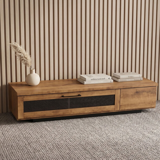 オーク調 ロータイプテレビボード 幅140cm 引き出し収納付き PE21K [アウトレット:撮影品]