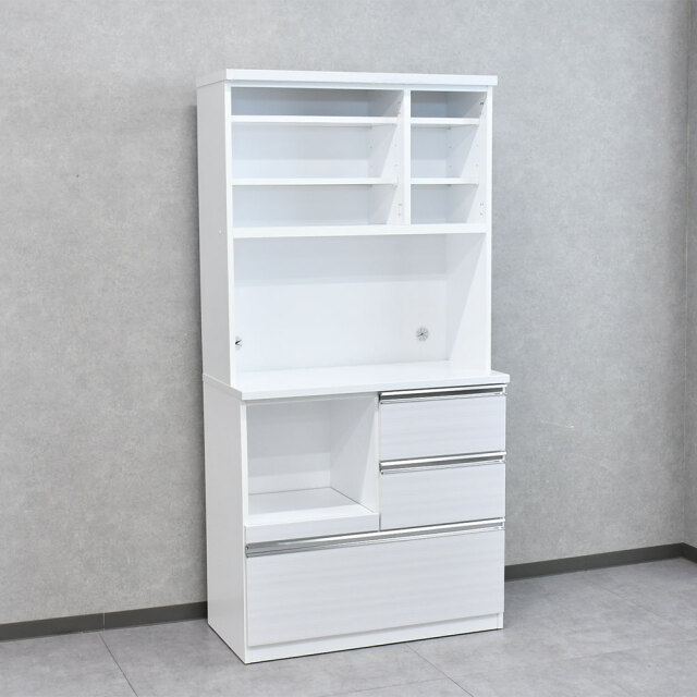 キッチンボード ホワイト 幅90cm 3段引き出し オープン棚付き PH26M [アウトレット:上部の扉なし]