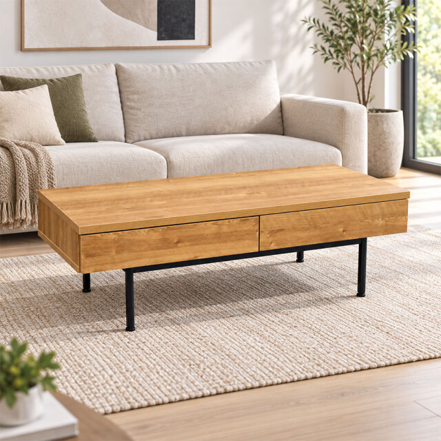 国産 半完成品 木目調強化シート リビングテーブル 引き出し2杯付き アイアン脚 幅120cm PI11K [アウトレット:撮影品]