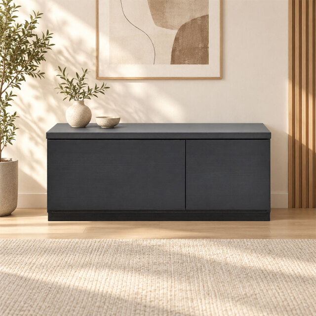 国産完成品 ローボード テレビ台 幅90cm ブラック 引き出し・扉収納付き 配線穴付き PI18L [アウトレット:撮影品]