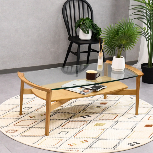 オーク無垢 センターテーブル 強化ガラス カフェ 110cm 木製 OD10I [アウトレット:汚れあり]