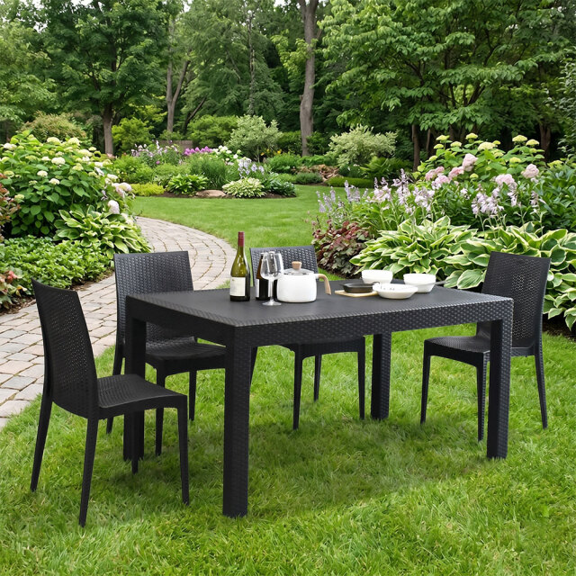 ガーデンテーブル チェア 5点セット ラタン調 幅150 雨ざらし 外用 パラソル穴 肘ありチェア 4脚 水洗いセット バルコニー ガーデン家具 屋外 外用 4人掛け テーブルセット