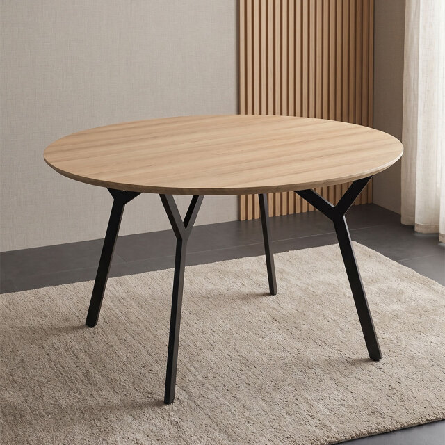 円形ダイニングテーブル 直径120cm 木目調天板 スチール脚 ナチュラル [アウトレット:10本限定価格]