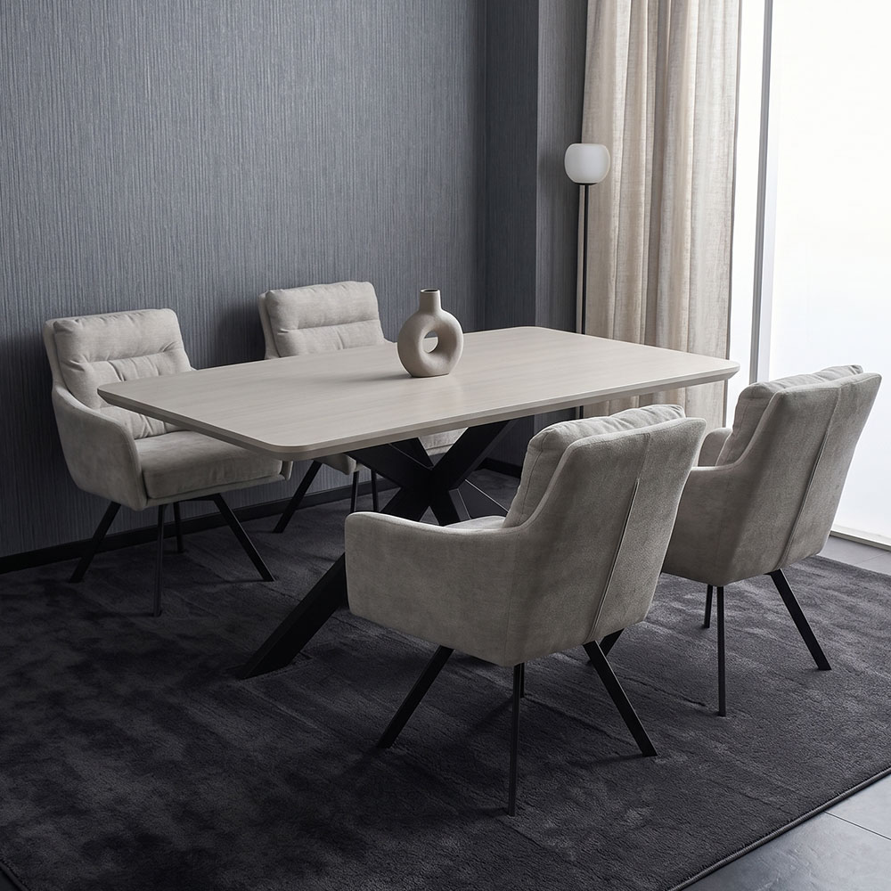 洗える メラミン天板 ダイニング5点セット 160cm幅テーブル 回転チェア4脚 ファブリック スチール脚