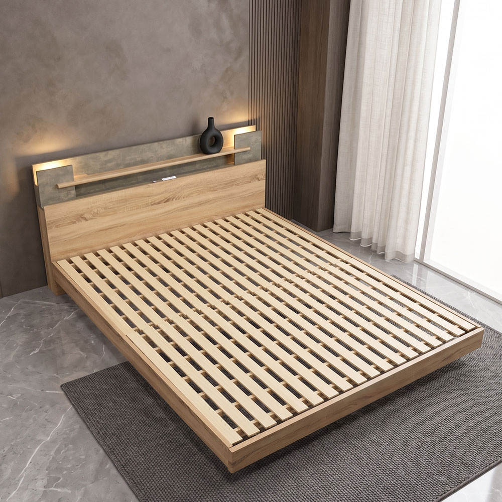 クイーンベッド 棚付きヘッドボード LED照明 木製ローベッド 161cm フレームのみ