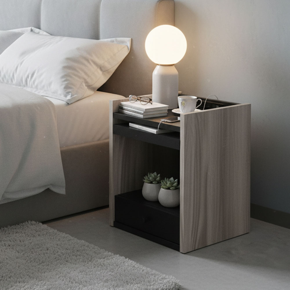 【新品アウトレット】収納付きナイトテーブル コンセント付き OA6A