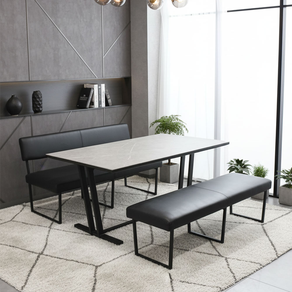 セラミック150cm幅ダイニングテーブルセット 背もたれ付きベンチ