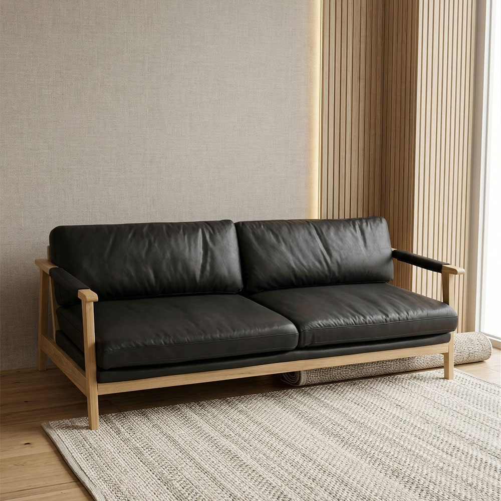 開梱設置 ホワイトオーク無垢 ブラックレザーファブリック 3人掛けソファ