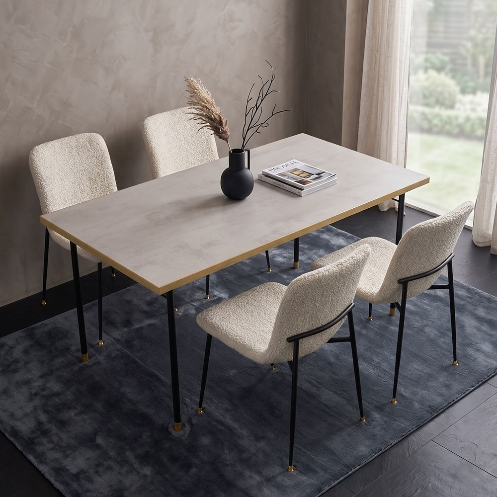 メラミン×オーク無垢 ダイニング5点セット ブークレ生地チェア4脚 幅150cm OD21B [アウトレット:撮影品]