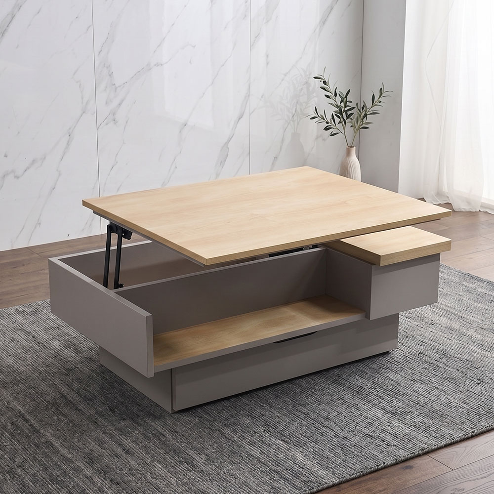 国産 完成品 昇降式リビングテーブル 収納付き ナチュラル×グレー 幅110cm OD23L [アウトレット:撮影品]