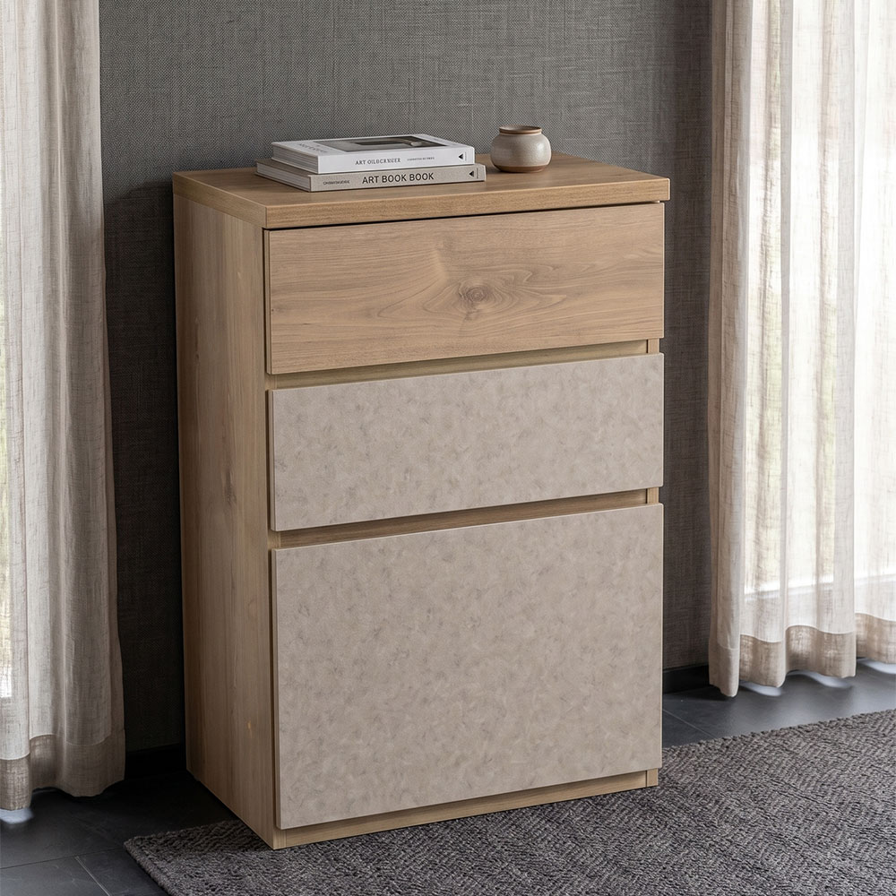 国産 完成品 木目×石目調 3段チェスト 幅60cm ナチュラル OD27A [アウトレット:撮影品]