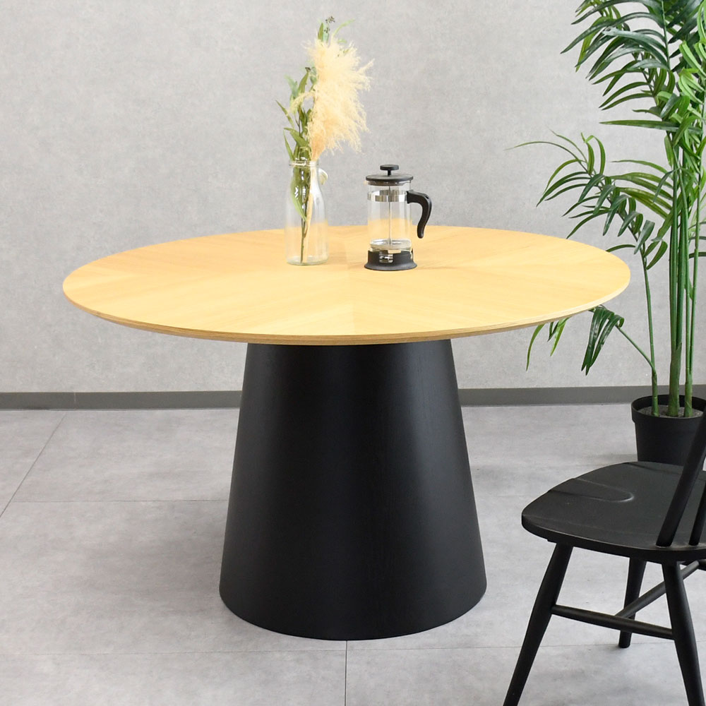 新品アウトレット】 オーク突板120cm幅ヘリンボーン柄ラウンドテーブル