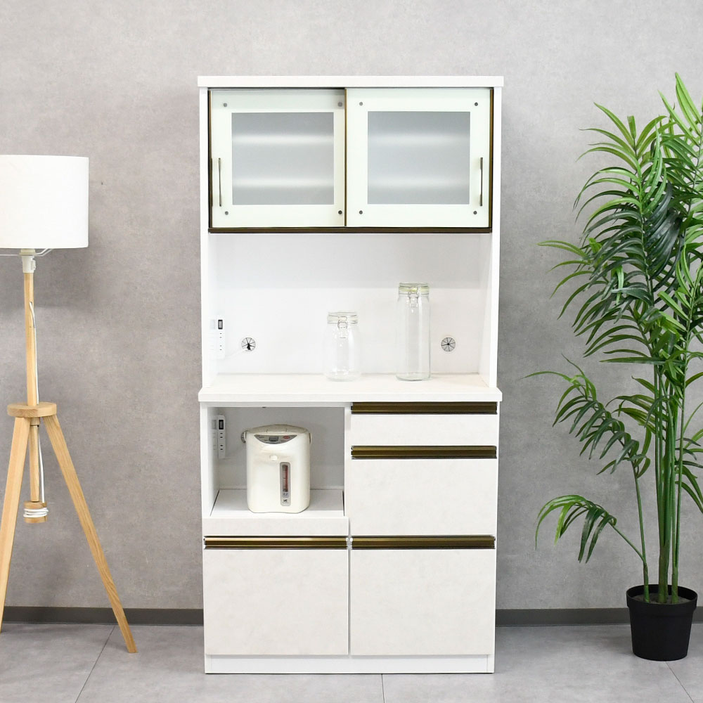 【新品アウトレット】90cm幅ホワイトストーン柄食器棚 キッチン収納 OJ28A