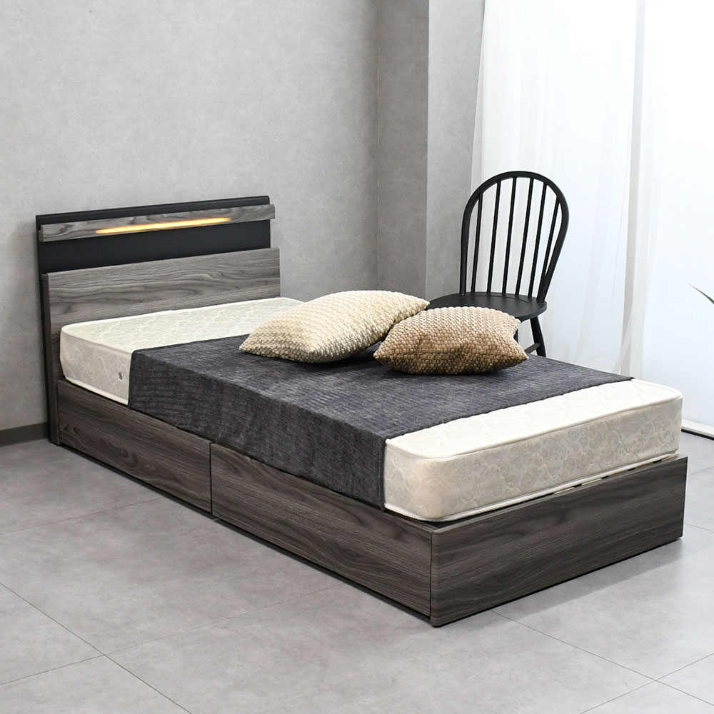 【新品アウトレット】隠し照明がかっこいい！収納付きシングルベッド OJ2B