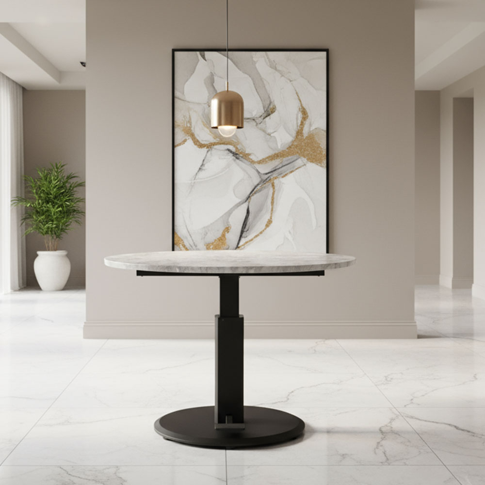 【新品アウトレット】 100cm幅モルタル柄昇降式丸形テーブル 円形 OK6K