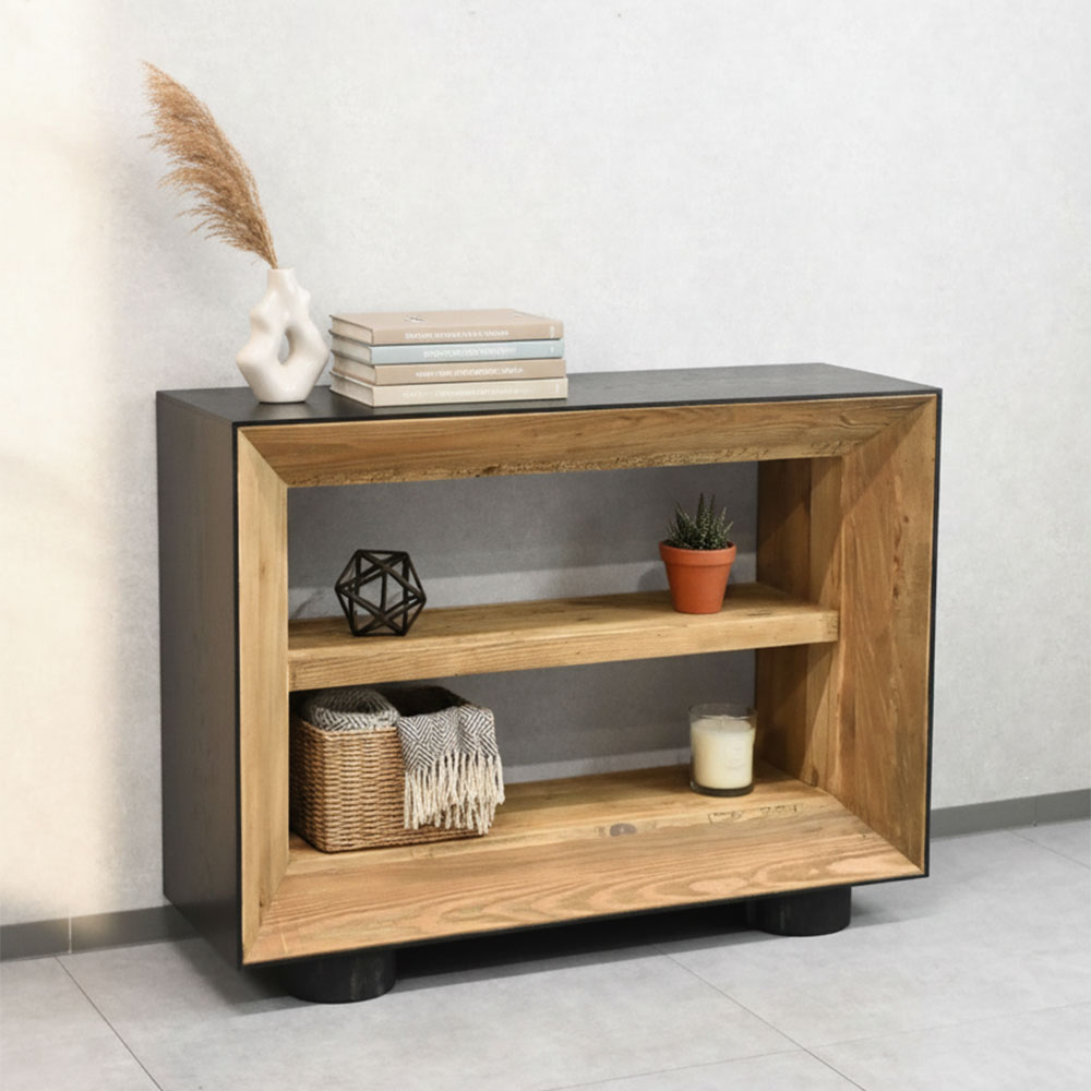 古家具ビンテージ品◾️オーク材突板 引き出し5杯 整理棚 収納棚 木製キャビネット 新品アウトレット】122cm幅オーク突板&古木シェルフ オープンラック