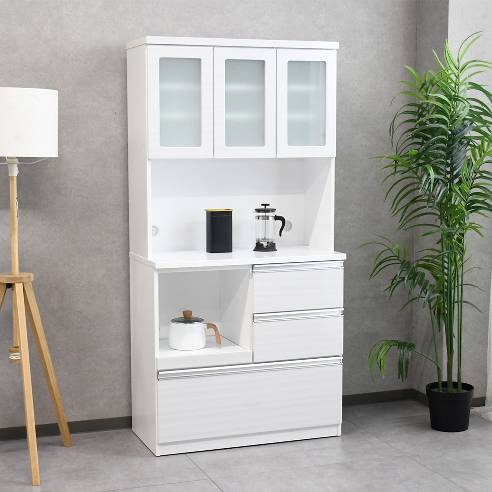 【新品アウトレット】 完成品90cm幅食器棚 キッチン収納 キッチンボード ホワイト OL4A