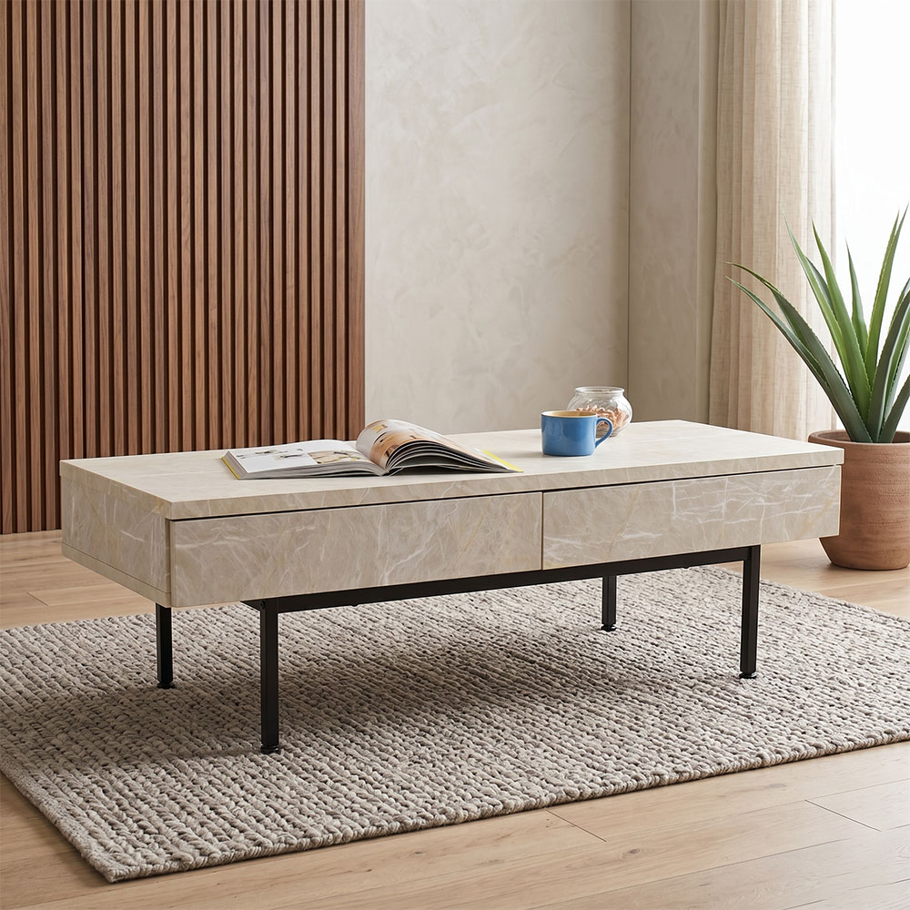 大理石デザイン120cm幅収納付きローテーブル 日本製 PE19I [アウトレット:傷あり]