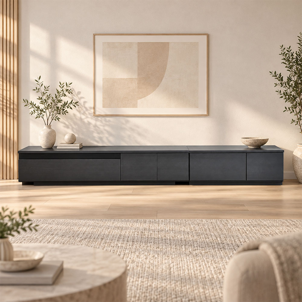 国産完成品 ロータイプテレビボード 幅270cm ブラック 引き出し収納付き PI18J [アウトレット:撮影品]