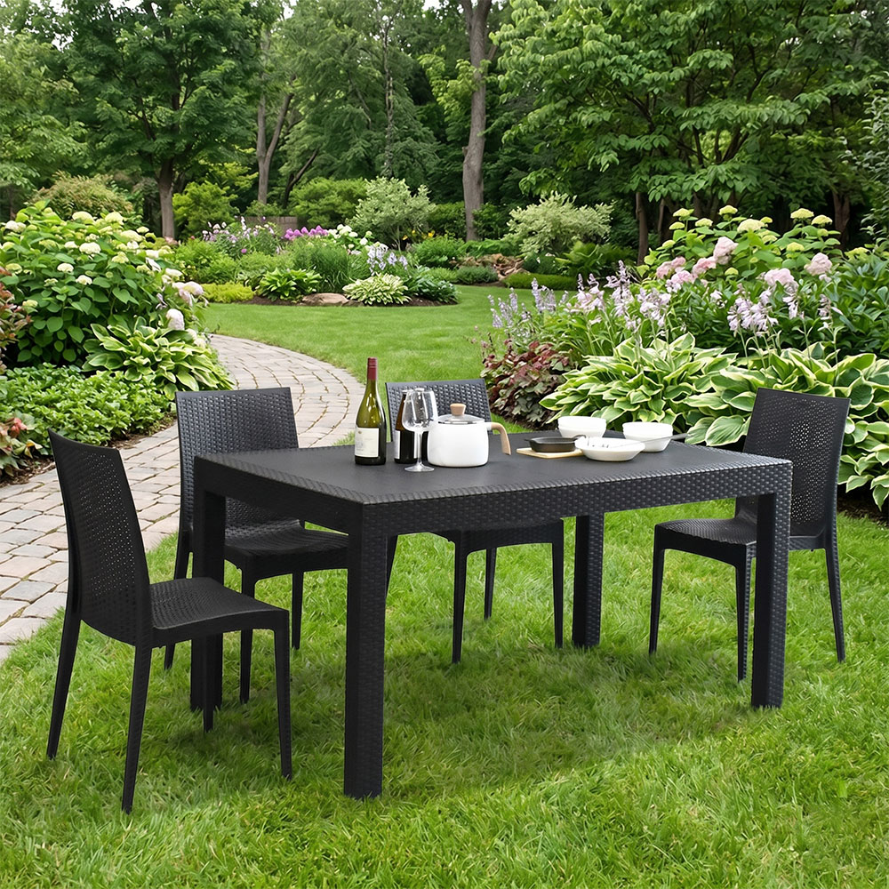 ガーデンテーブル チェア 5点セット ラタン調 幅150 雨ざらし 外用 パラソル穴 肘ありチェア 4脚 水洗いセット バルコニー ガーデン家具 屋外 外用 4人掛け テーブルセット