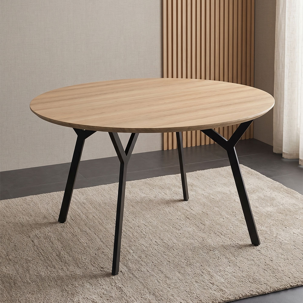 円形ダイニングテーブル 直径120cm 木目調天板 スチール脚 ナチュラル [アウトレット:10本限定価格]