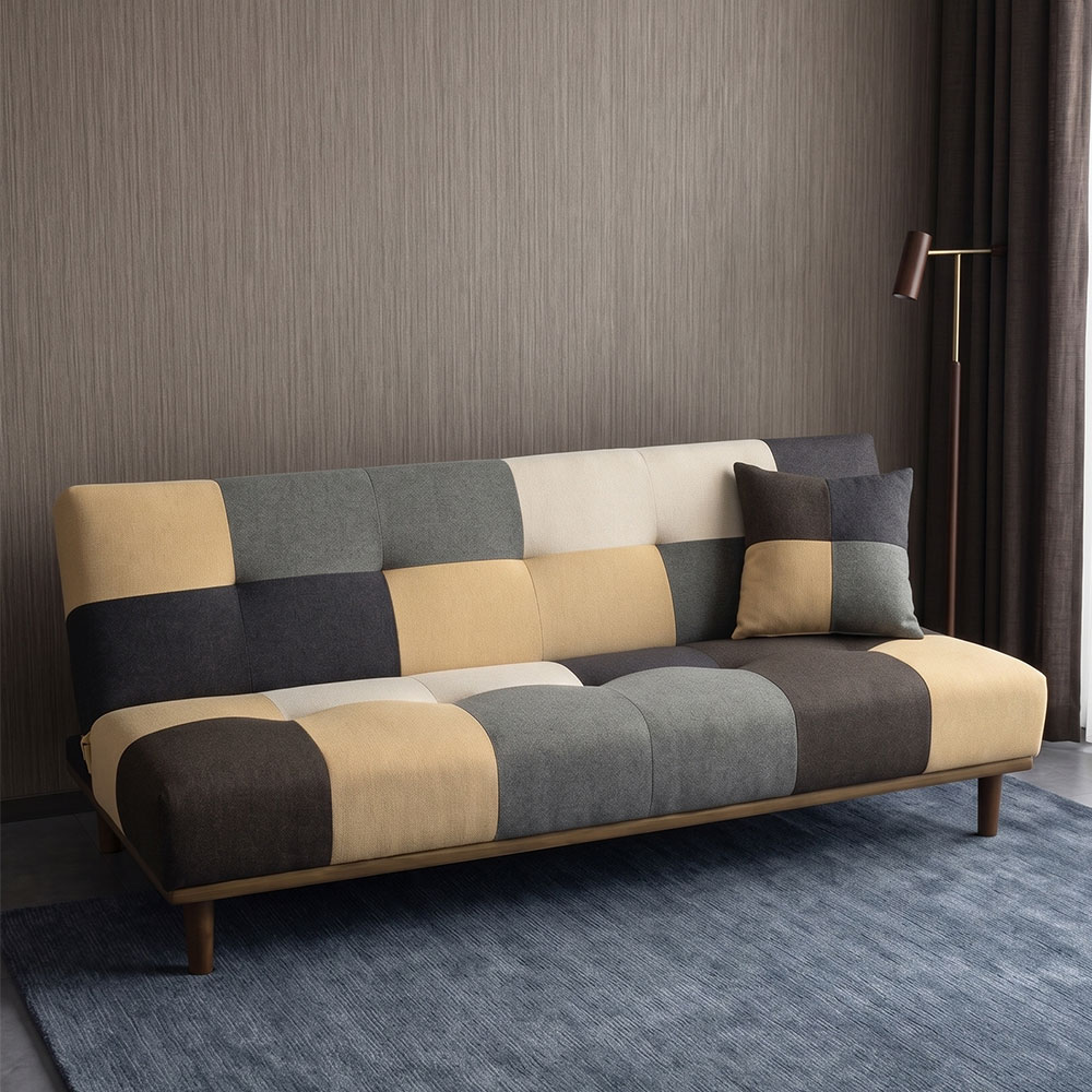 パッチワーク ソファーベッド 3人掛け ファブリック クッション付き