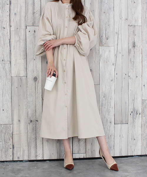 【SALE】ボリュームスリーブタックワンピース/2カラー