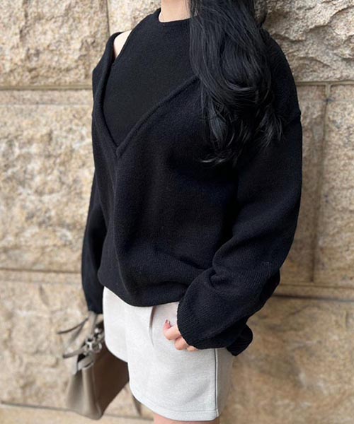 kolor 16SS リョウマツモト着 レイヤード風凹凸編地Vネックニット kolor 16SS リョウマツモト着 レイヤード風凹凸編地Vネック