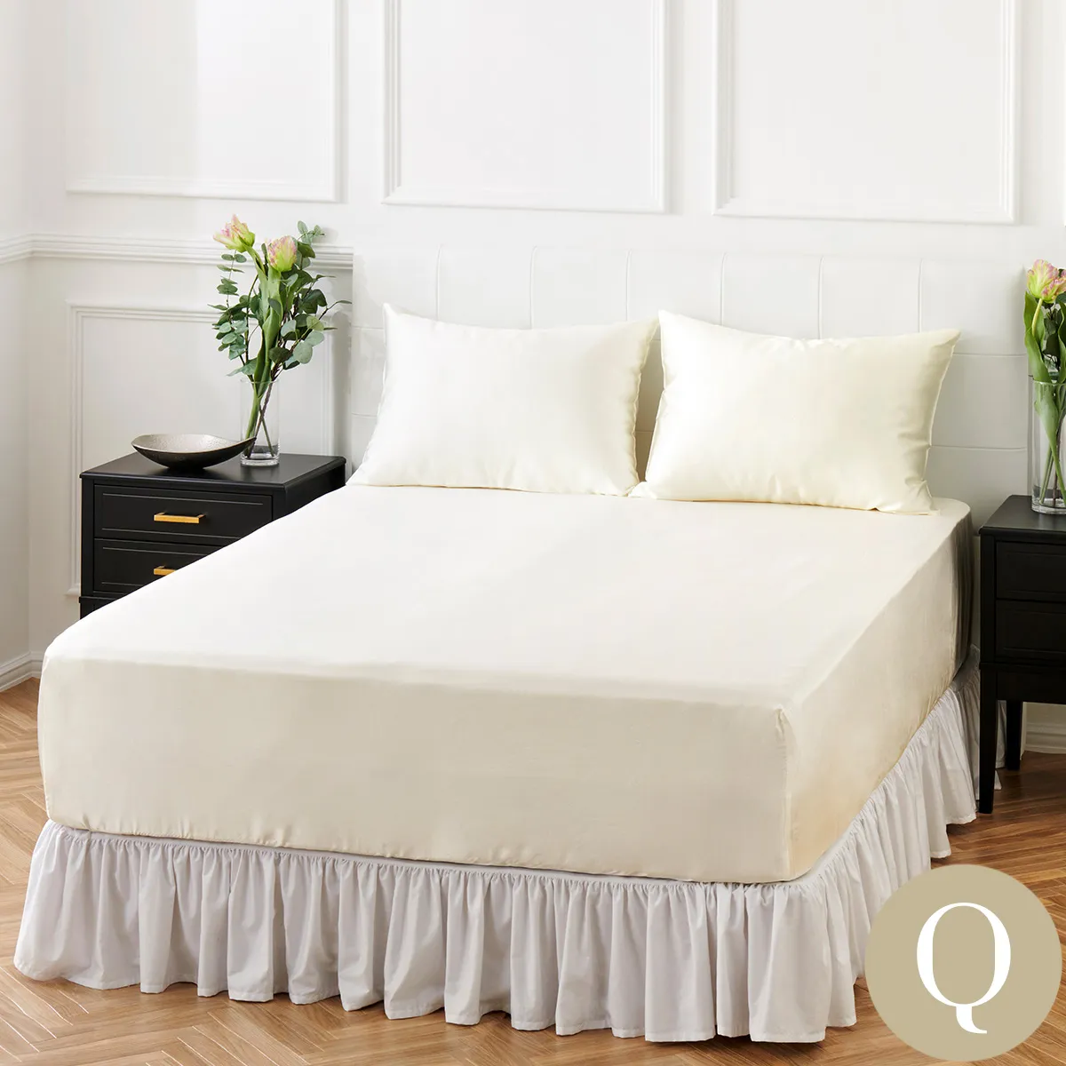 クイーン | 140×200cm | 高さ31cmまで対応 | ボックスシーツ1枚 | 封筒型スタンダード枕カバー2枚 | 19匁 シルクサテン