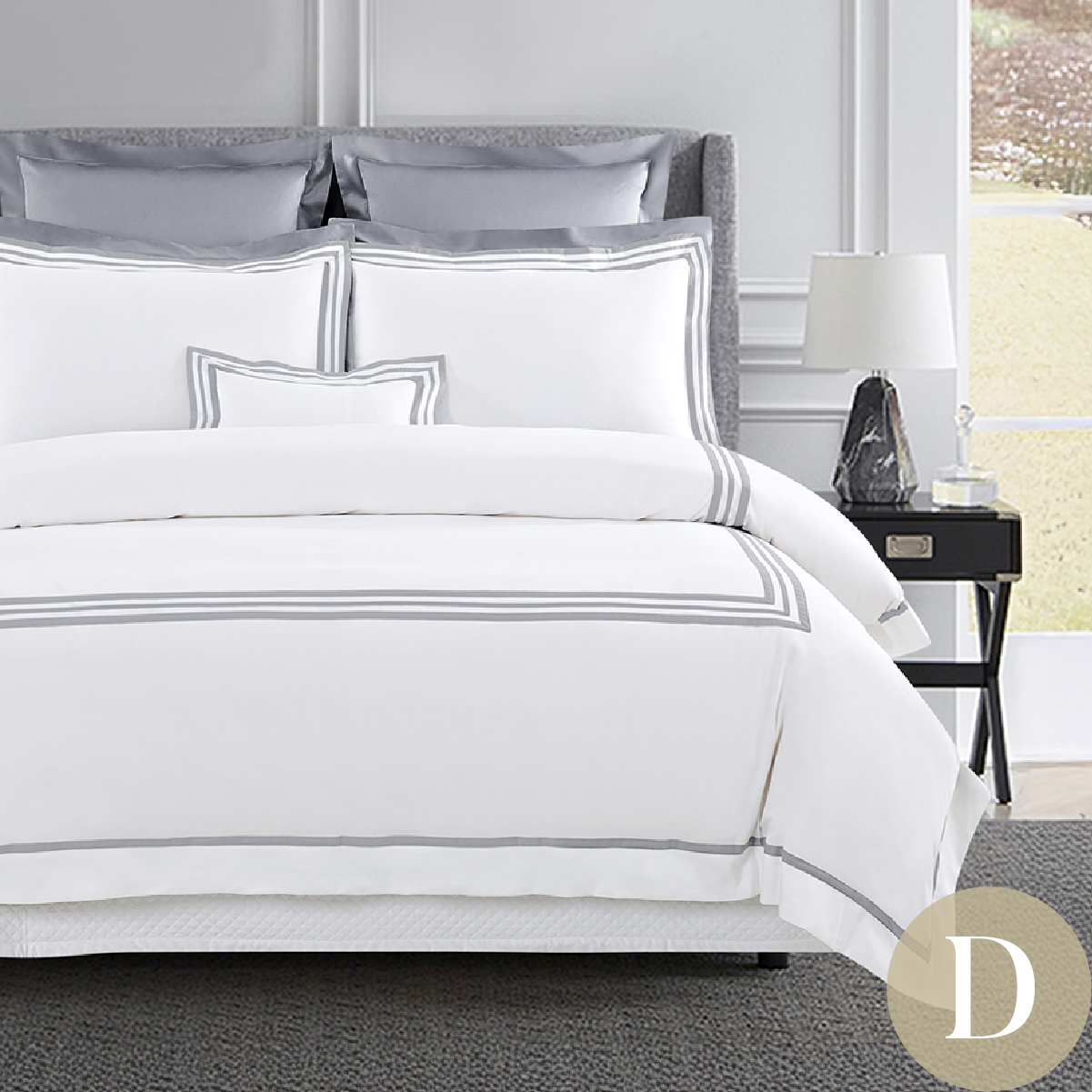 【ホテルライク】ダブル掛け布団カバー 白×グレーライン　刺繍ロゴ ホテルライク】ダブル掛け布団カバー 白×グレーライン 刺繍ロゴ 掛