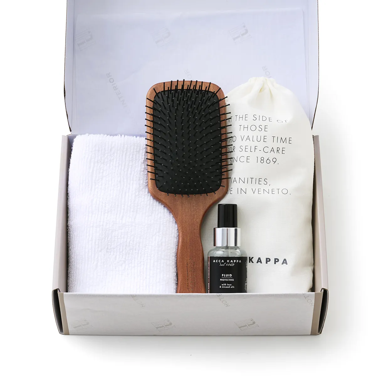 【ギフトBOX入り】ハイドロコットン ハンドタオル（ホワイト）＆ACCA KAPPA ヘアブラシ＆ヘアオイルセット